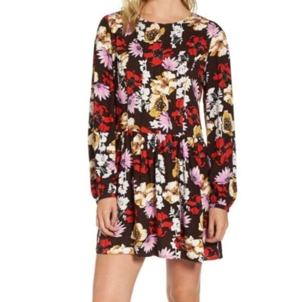 Hinge Nordstrom Floral Pintuck Mini Dress M Brown Multi Long Sleeve NWT B59